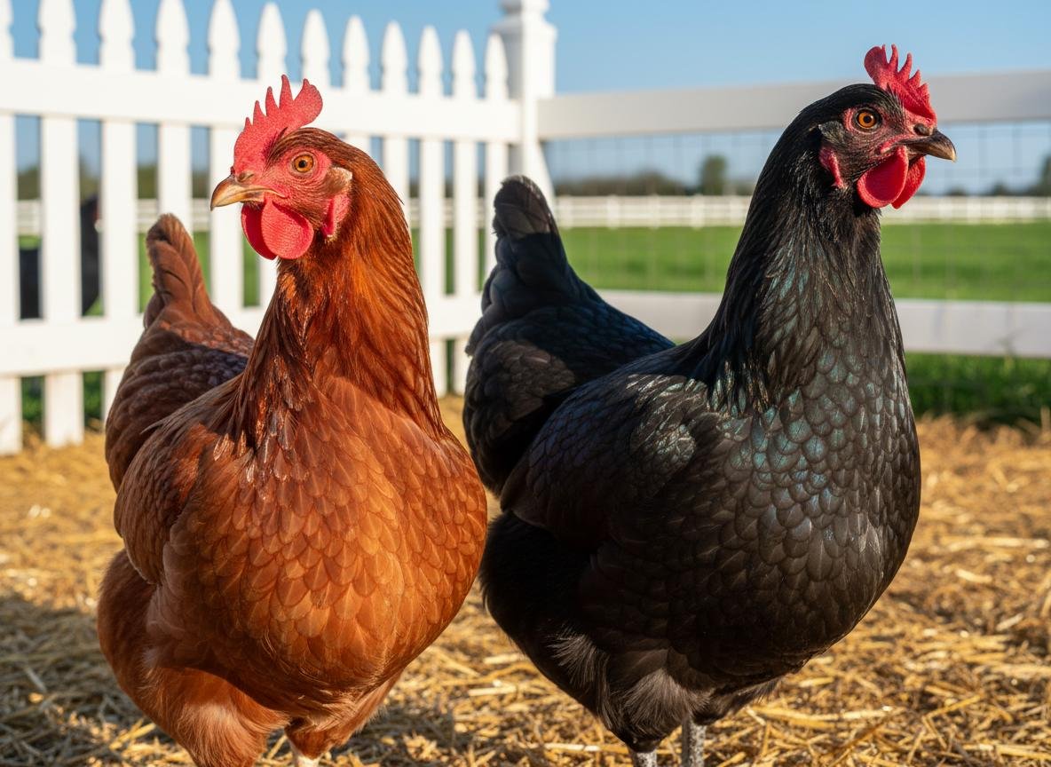 Rhode Island Red and Australorp chickens on the Altas Farm partner farm