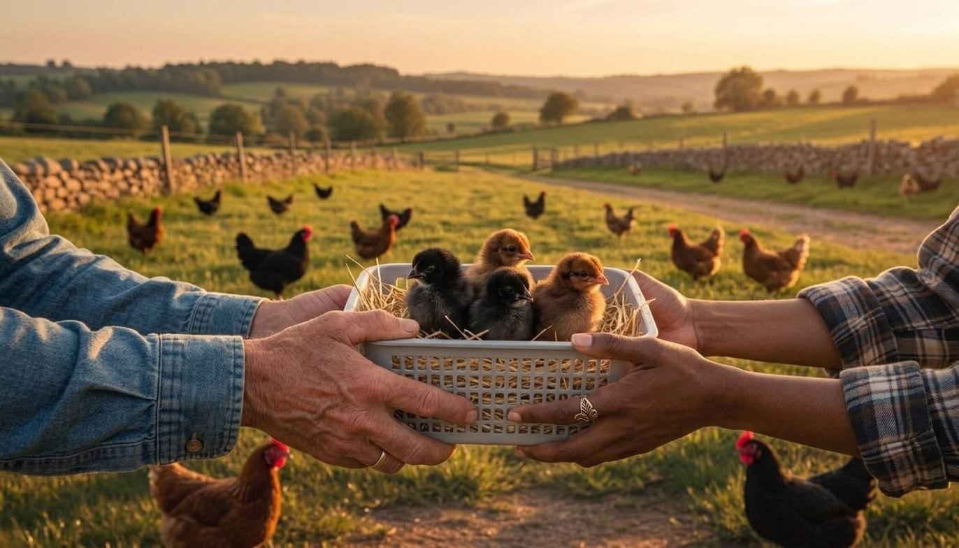 Farmer handling poultry and collecting eggs