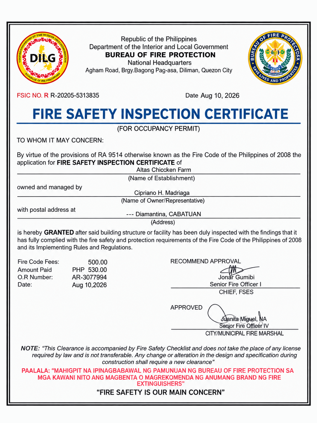 Fire Safety Certificate