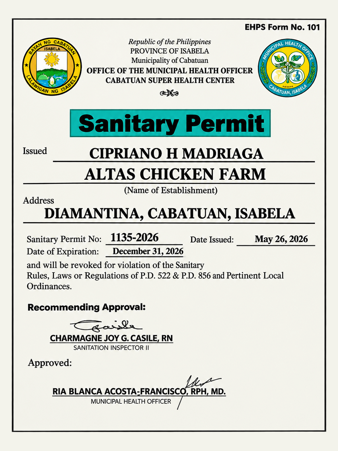 Sanitary Permit