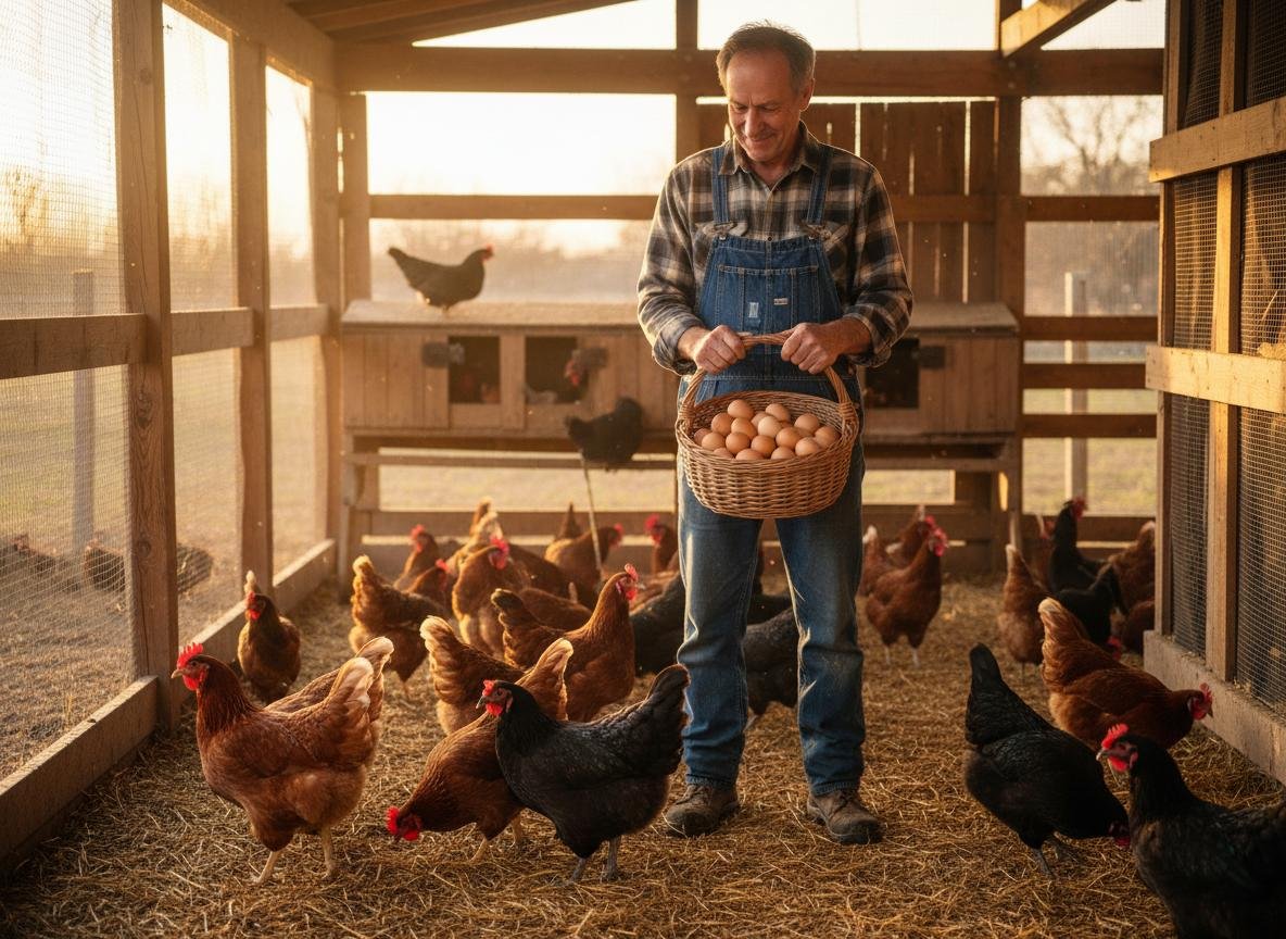Farmer collecting eggs from free-range chickens at Altas Farm partner operation